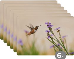 Placemat - Placemats kunststof - Vogel - Kolibrie - Bloemen - Paars - 45x30 cm - 6 stuks - Hittebestendig - Anti-Slip - Onderlegger - Afneembaar