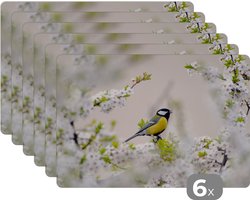 Placemat - Placemats kunststof - Vogel - Koolmees - Bloemen - Bloesemboom - 45x30 cm - 6 stuks - Hittebestendig - Anti-Slip - Onderlegger - Afneembaar