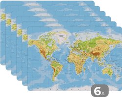 Placemat - Placemats kunststof - Wereldkaart - Staatkundig - Blauw - Aarde - Educatief - 45x30 cm - 6 stuks - Hittebestendig - Anti-Slip - Onderlegger - Afneembaar