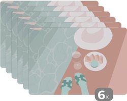 Placemat - Placemats kunststof - Wijnglas - Slippers - Zwembad - Zomer - 45x30 cm - 6 stuks - Hittebestendig - Anti-Slip - Onderlegger - Afneembaar