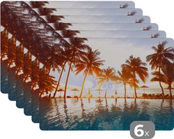 Placemat - Placemats kunststof - Zee - Zwembad - Palmboom - Vakantie - 45x30 cm - 6 stuks - Hittebestendig - Anti-Slip - Onderlegger - Afneembaar