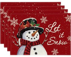 Placemats - 4 Set van -Sneeuwpop winter placemats - Rode placemats - 30x45 cm - Seizoensgebonden kerstvakantie - Keuken tafeldecoratie accessoires - Perfect voor feestkeuken - Eetkamerdecoratie - Tafelversiering - Feestdecoratie