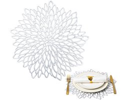 Placemats - 4 stuks - 38 cm - Tafel placemats - Onderlegger -Hitte bestendig - Open gewerkt - Voor eettafel placemats - Ronde bloemen placemats - Onderzetter - Decoratie voor Kerstmis, Thanksgiving, vakantie, bruiloft - Zilver - Luxe uitstraling