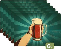 Placemats - 6 stuks - 45x30 cm - Placemat kunststof - Bierglas - Schuim - Retro - Groen - Borden onderleggers - Decoratie voor op tafel - Keuken tafeldecoratie accessoires - Vinyl onderlegger - Tafelversiering