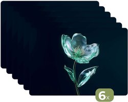Placemats - 6 stuks - 45x30 cm - Placemat kunststof - Bladeren - Bloem - Glazen - Donkerblauw - Borden onderleggers - Decoratie voor op tafel - Keuken tafeldecoratie accessoires - Vinyl onderlegger - Tafelversiering