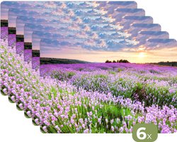 Placemats - 6 stuks - 45x30 cm - Placemat kunststof - Bloemen - Lavendel - Paars - Lucht - Zonsondergang - Weide - Natuur - Borden onderleggers - Decoratie voor op tafel - Keuken tafeldecoratie accessoires - Vinyl onderlegger - Tafelversiering