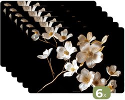 Placemats - 6 stuks - 45x30 cm - Placemat kunststof - Bloemen - Wit - Goud - Borden onderleggers - Decoratie voor op tafel - Keuken tafeldecoratie accessoires - Vinyl onderlegger - Tafelversiering