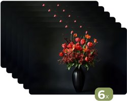 Placemats - 6 stuks - 45x30 cm - Placemat kunststof - Boeket - Tulpen - Vaas - Rood - Borden onderleggers - Decoratie voor op tafel - Keuken tafeldecoratie accessoires - Vinyl onderlegger - Tafelversiering