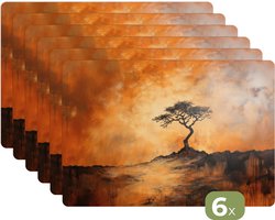 Placemats - 6 stuks - 45x30 cm - Placemat kunststof - Boom - Landschap - Oranje - Borden onderleggers - Decoratie voor op tafel - Keuken tafeldecoratie accessoires - Vinyl onderlegger - Tafelversiering