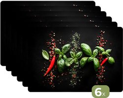 Placemats - 6 stuks - 45x30 cm - Placemat kunststof - Chilipepers - Basilicum - Blaadjes - Rood - Borden onderleggers - Decoratie voor op tafel - Keuken tafeldecoratie accessoires - Vinyl onderlegger - Tafelversiering