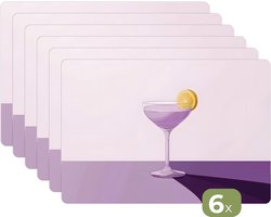 Placemats - 6 stuks - 45x30 cm - Placemat kunststof - Cocktail - Paars - Minimalistisch - Citroen - Borden onderleggers - Decoratie voor op tafel - Keuken tafeldecoratie accessoires - Vinyl onderlegger - Tafelversiering
