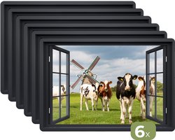 Placemats - 6 stuks - 45x30 cm - Placemat kunststof - Doorkijk - Koe - Molen - Koeien - Weiland - Gras - Groen - Borden onderleggers - Decoratie voor op tafel - Keuken tafeldecoratie accessoires - Vinyl onderlegger - Tafelversiering
