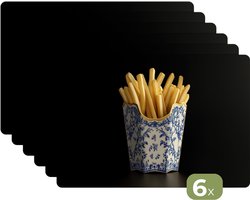 Placemats - 6 stuks - 45x30 cm - Placemat kunststof - Friet - Porselein - Delfts blauw - Eten - Borden onderleggers - Decoratie voor op tafel - Keuken tafeldecoratie accessoires - Vinyl onderlegger - Tafelversiering