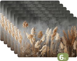 Placemats - 6 stuks - 45x30 cm - Placemat kunststof - Gedroogde Veldbloemen - Grijs - Beton print - Borden onderleggers - Decoratie voor op tafel - Keuken tafeldecoratie accessoires - Vinyl onderlegger - Tafelversiering