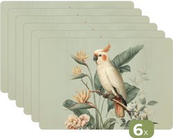 Placemats - 6 stuks - 45x30 cm - Placemat kunststof - Gele kuifkaketoe - paradijsvogelbloemen - Groen - Borden onderleggers - Decoratie voor op tafel - Keuken tafeldecoratie accessoires - Vinyl onderlegger - Tafelversiering