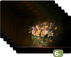 Placemats - 6 stuks - 45x30 cm - Placemat kunststof - Glazen - Bloemen - Boeket - Kleuren - Borden onderleggers - Decoratie voor op tafel - Keuken tafeldecoratie accessoires - Vinyl onderlegger - Tafelversiering