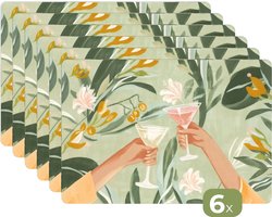 Placemats - 6 stuks - 45x30 cm - Placemat kunststof - Glazen - Proosten - Bladeren - Groen - Borden onderleggers - Decoratie voor op tafel - Keuken tafeldecoratie accessoires - Vinyl onderlegger - Tafelversiering