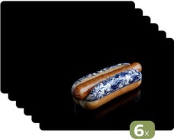 Placemats - 6 stuks - 45x30 cm - Placemat kunststof - Hotdog - Porselein - Delfts blauw - Eten - Borden onderleggers - Decoratie voor op tafel - Keuken tafeldecoratie accessoires - Vinyl onderlegger - Tafelversiering