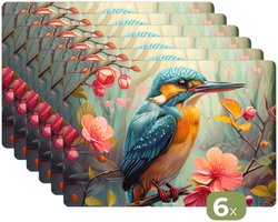 Placemats - 6 stuks - 45x30 cm - Placemat kunststof - IJsvogel - Kleurrijk - Vogels - Borden onderleggers - Decoratie voor op tafel - Keuken tafeldecoratie accessoires - Vinyl onderlegger - Tafelversiering
