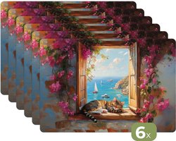 Placemats - 6 stuks - 45x30 cm - Placemat kunststof - Kat - Blauwe zee - Roze bloemen - Borden onderleggers - Decoratie voor op tafel - Keuken tafeldecoratie accessoires - Vinyl onderlegger - Tafelversiering