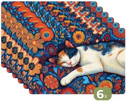 Placemats - 6 stuks - 45x30 cm - Placemat kunststof - Kat - Bloemenpatroon - Blauw - Oranje - Borden onderleggers - Decoratie voor op tafel - Keuken tafeldecoratie accessoires - Vinyl onderlegger - Tafelversiering