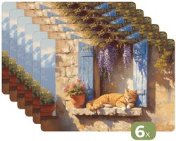 Placemats - 6 stuks - 45x30 cm - Placemat kunststof - Kat - Stenen vensterbank - Bloemen - Borden onderleggers - Decoratie voor op tafel - Keuken tafeldecoratie accessoires - Vinyl onderlegger - Tafelversiering