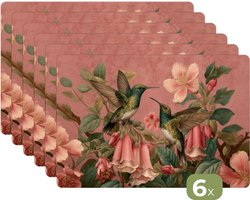 Placemats - 6 stuks - 45x30 cm - Placemat kunststof - Kolibries - Bloemen - Groen - Roze - Borden onderleggers - Decoratie voor op tafel - Keuken tafeldecoratie accessoires - Vinyl onderlegger - Tafelversiering