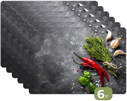 Placemats - 6 stuks - 45x30 cm - Placemat kunststof - Kruiden - Beton print - Specerijen - Peper - Borden onderleggers - Decoratie voor op tafel - Keuken tafeldecoratie accessoires - Vinyl onderlegger - Tafelversiering