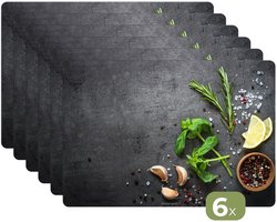 Placemats - 6 stuks - 45x30 cm - Placemat kunststof - Kruiden - Specerijen - Beton print - Citroen - Borden onderleggers - Decoratie voor op tafel - Keuken tafeldecoratie accessoires - Vinyl onderlegger - Tafelversiering