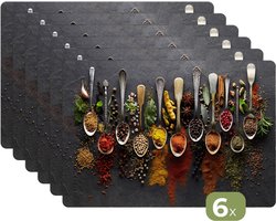 Placemats - 6 stuks - 45x30 cm - Placemat kunststof - Kruiden - Specerijen - Beton print - Lepels - Borden onderleggers - Decoratie voor op tafel - Keuken tafeldecoratie accessoires - Vinyl onderlegger - Tafelversiering