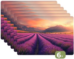 Placemats - 6 stuks - 45x30 cm - Placemat kunststof - Lavendelveld - Zonsondergang - Paars - Borden onderleggers - Decoratie voor op tafel - Keuken tafeldecoratie accessoires - Vinyl onderlegger - Tafelversiering