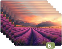 Placemats - 6 stuks - 45x30 cm - Placemat kunststof - Lavendelveld - Zonsondergang - Paars - Borden onderleggers - Decoratie voor op tafel - Keuken tafeldecoratie accessoires - Vinyl onderlegger - Tafelversiering