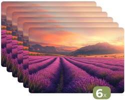 Placemats - 6 stuks - 45x30 cm - Placemat kunststof - Lavendelveld - Zonsondergang - Paars - Borden onderleggers - Decoratie voor op tafel - Keuken tafeldecoratie accessoires - Vinyl onderlegger - Tafelversiering