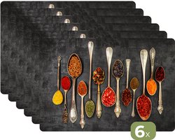 Placemats - 6 stuks - 45x30 cm - Placemat kunststof - Lepels - Beton print - Kruiden - Specerijen - Borden onderleggers - Decoratie voor op tafel - Keuken tafeldecoratie accessoires - Vinyl onderlegger - Tafelversiering