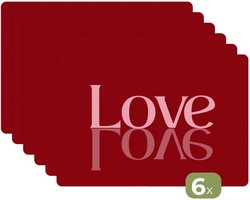 Placemats - 6 stuks - 45x30 cm - Placemat kunststof - Love - Spiegeling - Rood - Borden onderleggers - Decoratie voor op tafel - Keuken tafeldecoratie accessoires - Vinyl onderlegger - Tafelversiering
