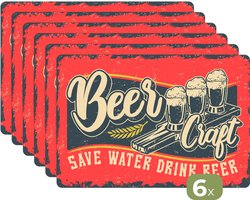 Placemats - 6 stuks - 45x30 cm - Placemat kunststof - Mancave - Bier - Glazen - Vintage - Borden onderleggers - Decoratie voor op tafel - Keuken tafeldecoratie accessoires - Vinyl onderlegger - Tafelversiering