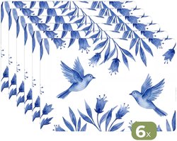Placemats - 6 stuks - 45x30 cm - Placemat kunststof - Modern - Vogels - Delfts - Blauw - Borden onderleggers - Decoratie voor op tafel - Keuken tafeldecoratie accessoires - Vinyl onderlegger - Tafelversiering