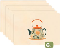 Placemats - 6 stuks - 45x30 cm - Placemat kunststof - Oranje - Theepot - Bloemen - Bladeren - Borden onderleggers - Decoratie voor op tafel - Keuken tafeldecoratie accessoires - Vinyl onderlegger - Tafelversiering