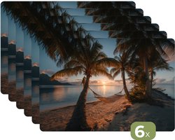 Placemats - 6 stuks - 45x30 cm - Placemat kunststof - Palmbomen - Hangmat - Strand - Zonsondergang - Borden onderleggers - Decoratie voor op tafel - Keuken tafeldecoratie accessoires - Vinyl onderlegger - Tafelversiering
