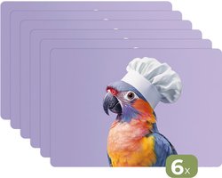 Placemats - 6 stuks - 45x30 cm - Placemat kunststof - Papegaai - Koksmuts - Paars - Cute - Borden onderleggers - Decoratie voor op tafel - Keuken tafeldecoratie accessoires - Vinyl onderlegger - Tafelversiering