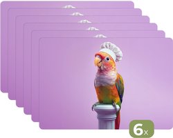 Placemats - 6 stuks - 45x30 cm - Placemat kunststof - Papegaai - Koksmuts - Pilaar - Vogel - Borden onderleggers - Decoratie voor op tafel - Keuken tafeldecoratie accessoires - Vinyl onderlegger - Tafelversiering