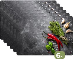 Placemats - 6 stuks - 45x30 cm - Placemat kunststof - Peper - Kruiden - Specerijen - Beton print - Borden onderleggers - Decoratie voor op tafel - Keuken tafeldecoratie accessoires - Vinyl onderlegger - Tafelversiering