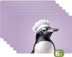 Placemats - 6 stuks - 45x30 cm - Placemat kunststof - Pinguïn - Koksmuts - Lief - Paars - Borden onderleggers - Decoratie voor op tafel - Keuken tafeldecoratie accessoires - Vinyl onderlegger - Tafelversiering