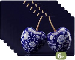 Placemats - 6 stuks - 45x30 cm - Placemat kunststof - Porselein- Kersen - Delfts - Blauw - Borden onderleggers - Decoratie voor op tafel - Keuken tafeldecoratie accessoires - Vinyl onderlegger - Tafelversiering