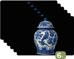 Placemats - 6 stuks - 45x30 cm - Placemat kunststof - Pot - Delfts Blauw - Bloemen - Borden onderleggers - Decoratie voor op tafel - Keuken tafeldecoratie accessoires - Vinyl onderlegger - Tafelversiering