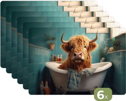 Placemats - 6 stuks - 45x30 cm - Placemat kunststof - Schotse hooglander - Badkamer - Blauw - Bad - Borden onderleggers - Decoratie voor op tafel - Keuken tafeldecoratie accessoires - Vinyl onderlegger - Tafelversiering