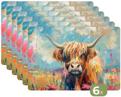 Placemats - 6 stuks - 45x30 cm - Placemat kunststof - Schotse hooglander - Kleurrijk - Borden onderleggers - Decoratie voor op tafel - Keuken tafeldecoratie accessoires - Vinyl onderlegger - Tafelversiering