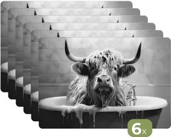 Placemats - 6 stuks - 45x30 cm - Placemat kunststof - Schotse hooglander - Zwart wit - Bad - Schuim - Borden onderleggers - Decoratie voor op tafel - Keuken tafeldecoratie accessoires - Vinyl onderlegger - Tafelversiering