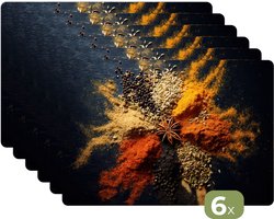 Placemats - 6 stuks - 45x30 cm - Placemat kunststof - Specerijen - Explosie - Oranje - Borden onderleggers - Decoratie voor op tafel - Keuken tafeldecoratie accessoires - Vinyl onderlegger - Tafelversiering