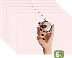 Placemats - 6 stuks - 45x30 cm - Placemat kunststof - Spiegel - Rode lippen - Borden onderleggers - Decoratie voor op tafel - Keuken tafeldecoratie accessoires - Vinyl onderlegger - Tafelversiering